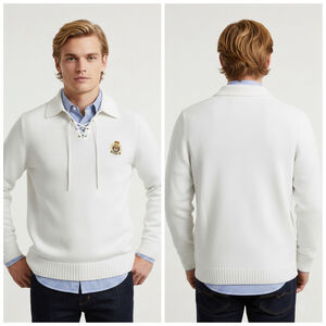Vintage Ralph Lauren Crested Lace-Up Knit Pullover Men’s S White Preppy Sweater